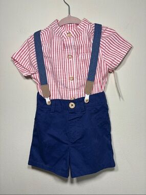 Cat & Jack Red Stripe Shirt with Blue Shorts and Suspenders